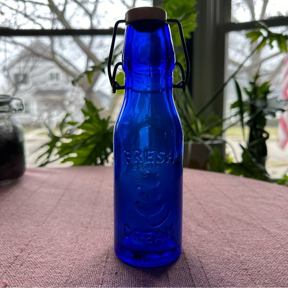 Vintage Cobalt Blue Glass Cream Jug - Embossed Cat Design